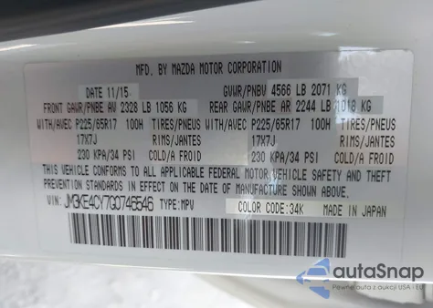 2016 Mazda Cx-5 Touring z USA, uszkodzony, nr VIN JM3KE4CY7G0746546